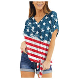 Womail 2020 Womens Summer Shirt Fashion Patriotic Stripes Star American Flag T-shirts Lady Casual V Neck Knot Short Sleeve Tops